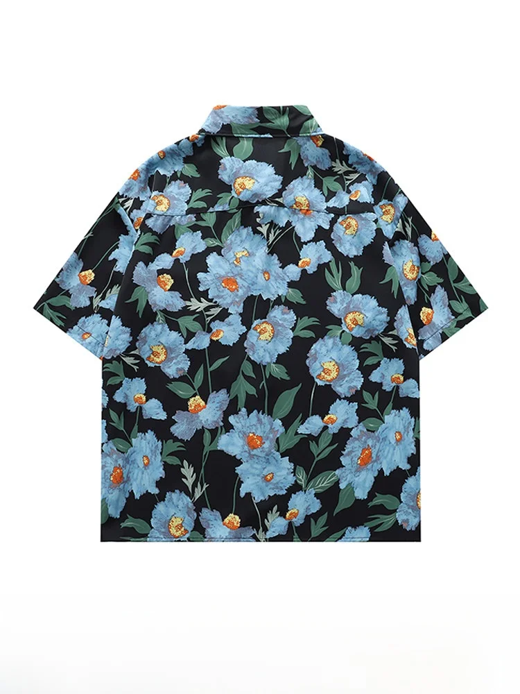 Blue Oil Painting Flower Men's Shirt Summer 2026 Hawaii Lazy Style Beach Short Sleeve Loose Fit Polyester Fiber Casual Shirt