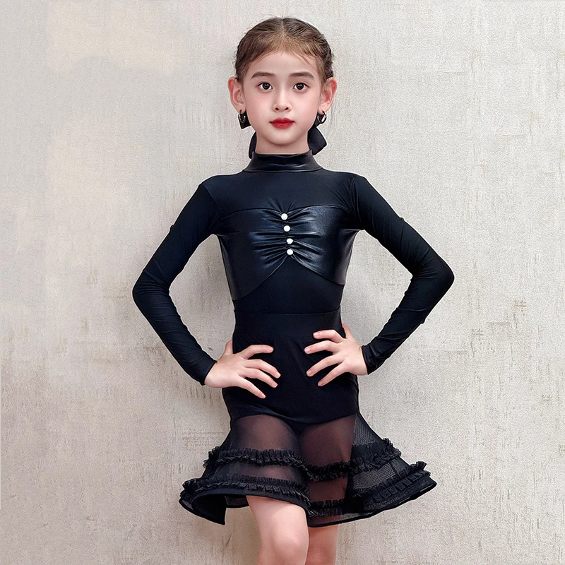 2025 Vestito da ballo latino per ragazze maniche lunghe Nero Abbigliamento da competizione Bambini Cha Cha Rumba Costume da ballo latino DNV25001