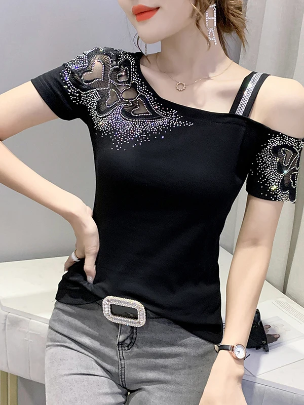 Sexy Shoulder Bared Lace Splice Short Sleeve Women's T-shirt Fashionable Drill Summer Top Slim Fit Linen Material Creative Pa...