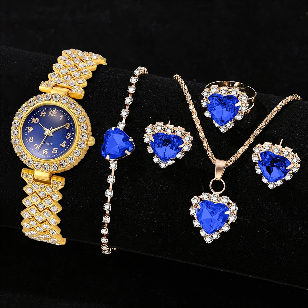 6PCS/Set Women's Blue Alloy Watch Strap Fashionable Rhinestone Quartz Watch Necklace Earrings Jewelry Set