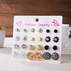 12 Pairs Mix Style Stud Earrings Set For Women Simple Rhinestone Flower Simulated Pearl Earrings Girls Party Jewelry Wholesale