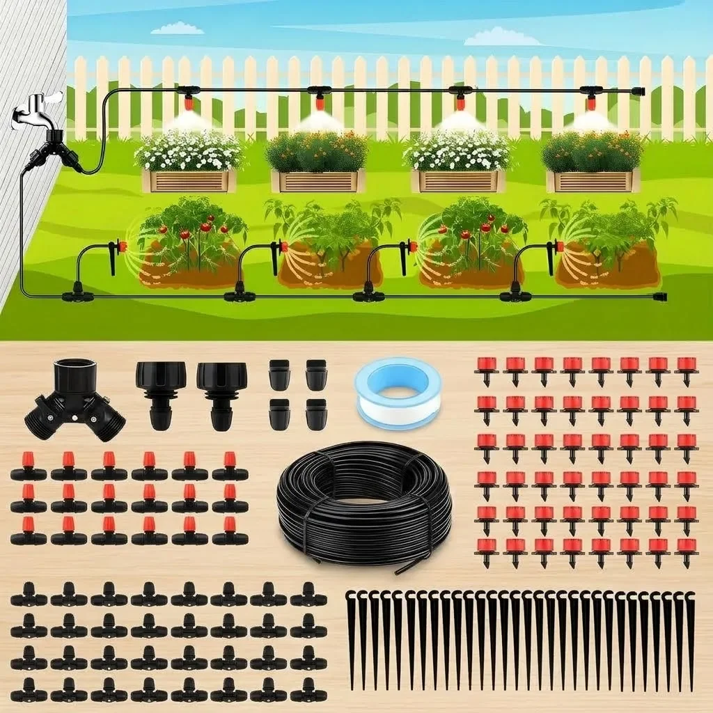 Locked Connect Drip Irrigation Kit 98ft Garden Drip Irrigation System Automatic Micro Watering System with 4/7 inch Tubing Hose