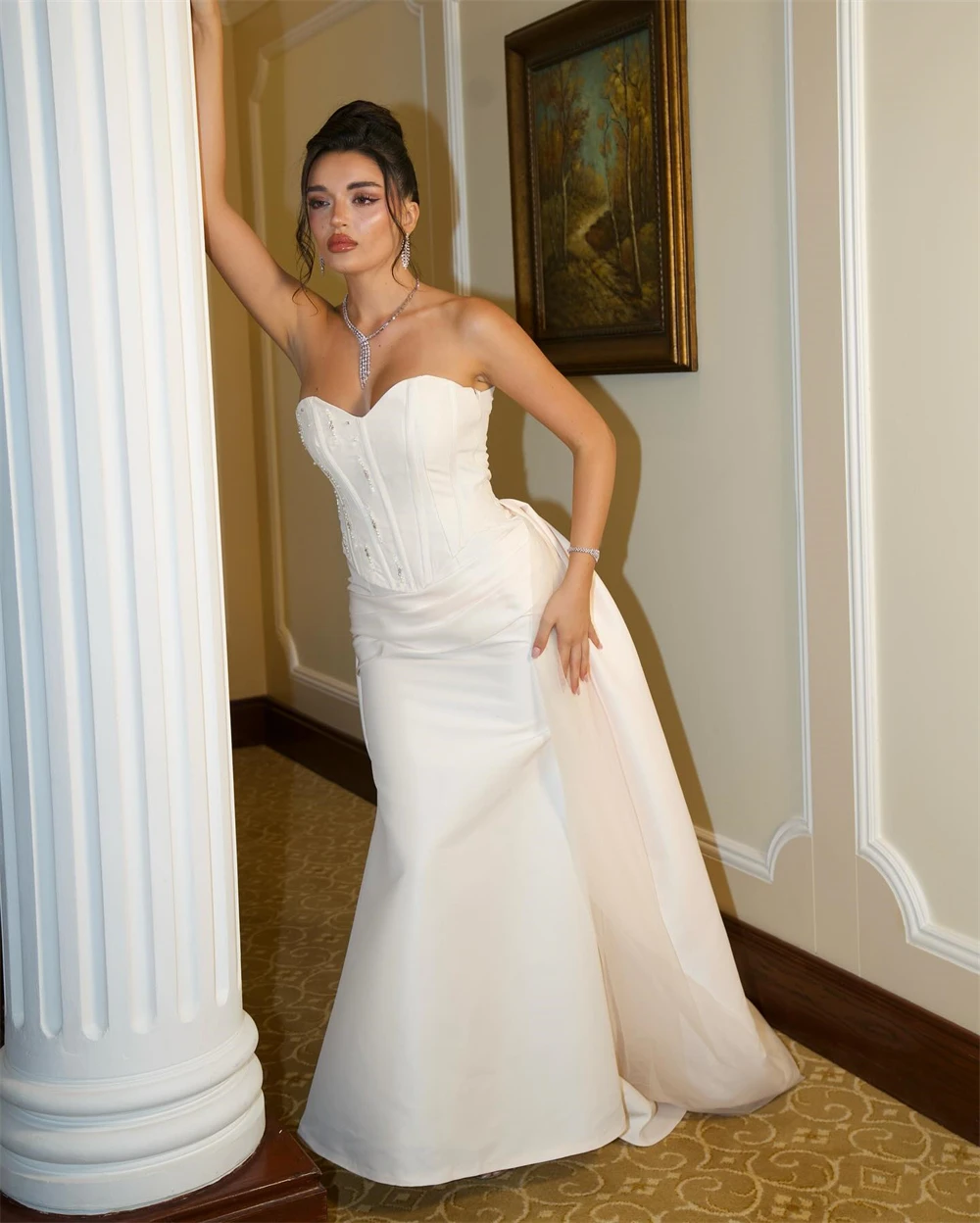 تخصيص بسيط البيج الساتان مساء اللباس الرسمي الحبيب أكمام فساتين المشاهير مثير حورية البحر قطار المحكمة حزب فساتين