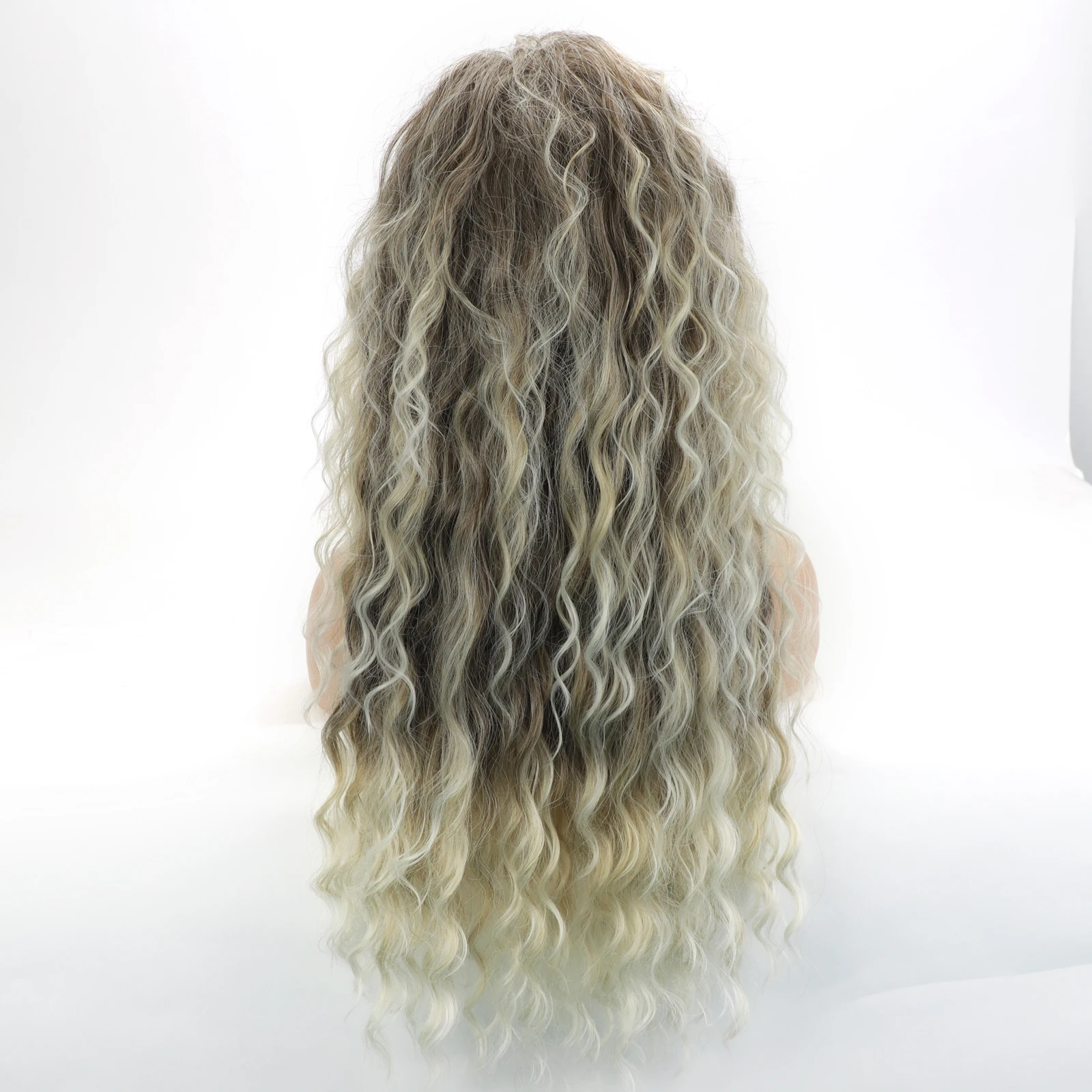 Women\'s Long Curly Synthetic Wig with Side Bangs Fashion Blonde & Brown Water Wave Hair Costume Party Wig for Women Perruque