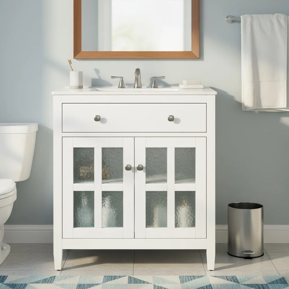 

30" White Bathroom Vanity with Ceramic Sink, Adjustable Shelf, Tip-Out Tray, Solid Legs, Silver Knobs & Soft Close Hinges
