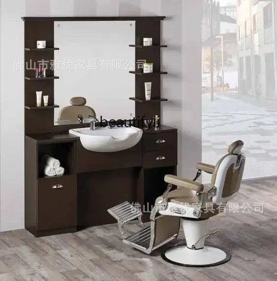 Barber Shop Dressing Table Retro Hair Salon Mirror with Shampoo Basin Hairdressing Dressing Table One