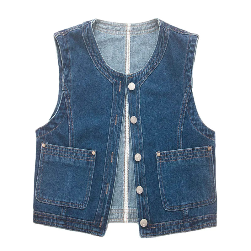 

Vintage Blue O Neck Big Pocket Denim Vest Women Waistcoat Cowboy Sleeveless Jacket Spring Autumn Slim Short Jeans Vests Female