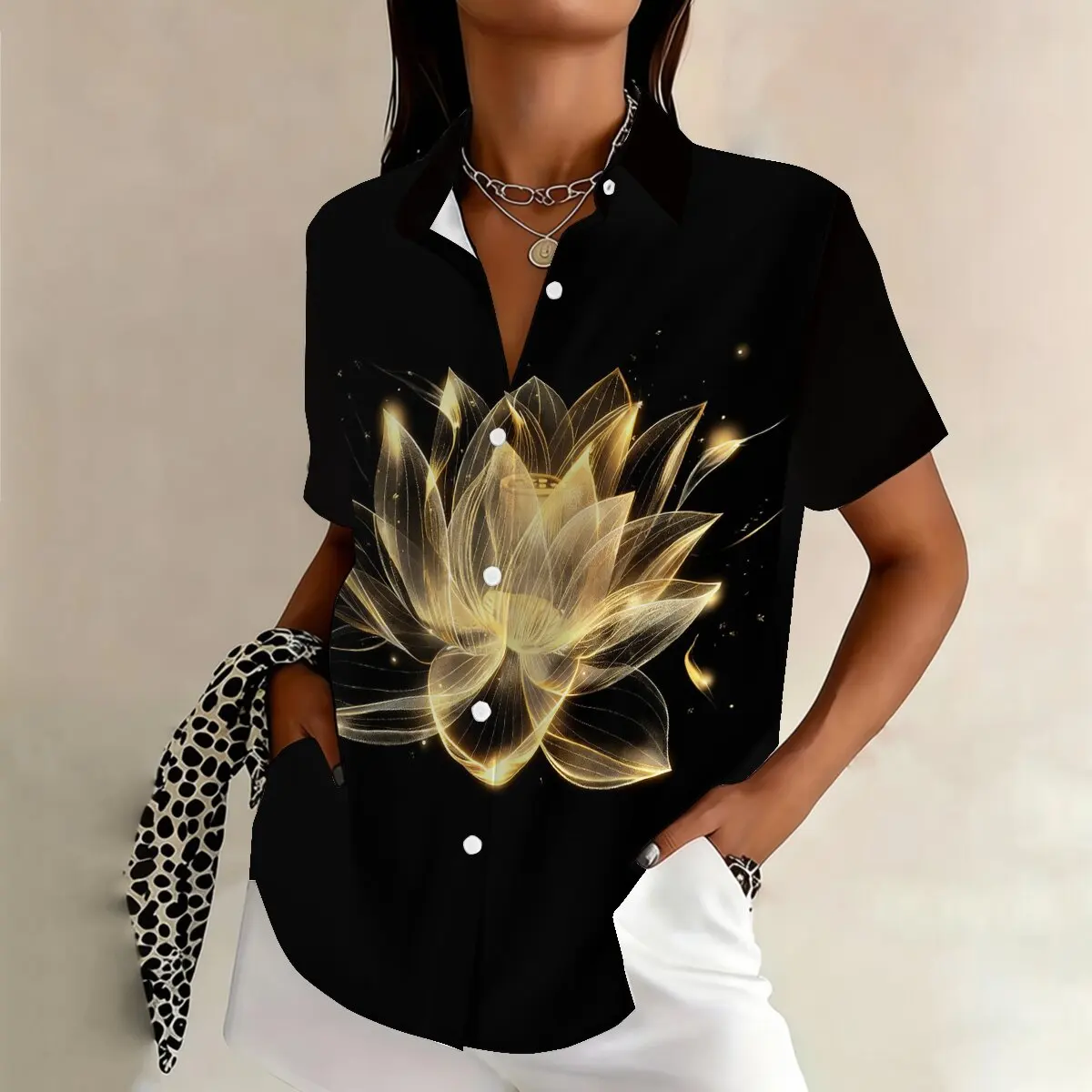 

Summer plus-size women's single-breasted shirt, black background with lotus pattern, creative and elegant, suitable for dating
