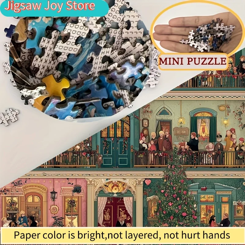 Un mini rompecabezas de papel para adultos con el título 'Elegant Victorian Christmas House', adecuado para juegos de fiesta y actividades familiares.