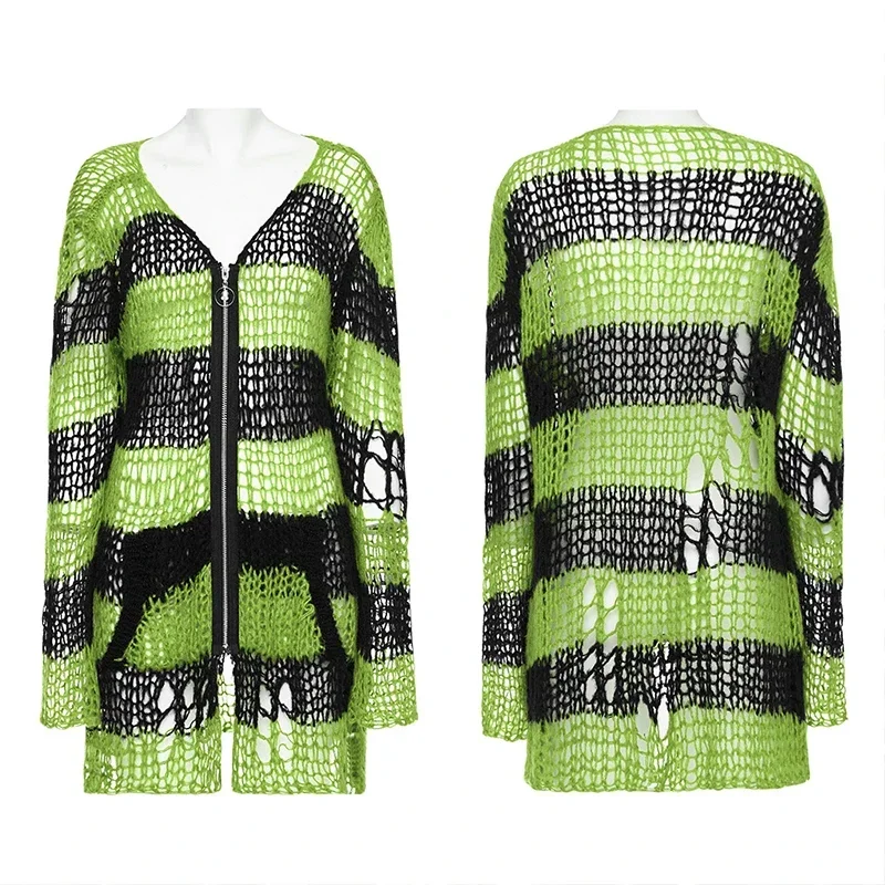 PUNK RAVE Maglione cardigan a righe con fori di personalità irregolari stile punk da donna Moda casual tessuto morbido Woo