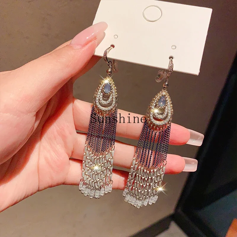 

Court style fashion long retro crystal fringed earrings, high-end earrings for women