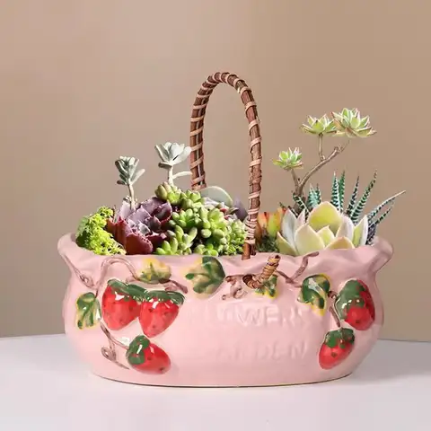 1Pcs Creative Ceramic Planter Breathable Pot for Succulents with Handles Cute Strawberry Atmosphere Pink