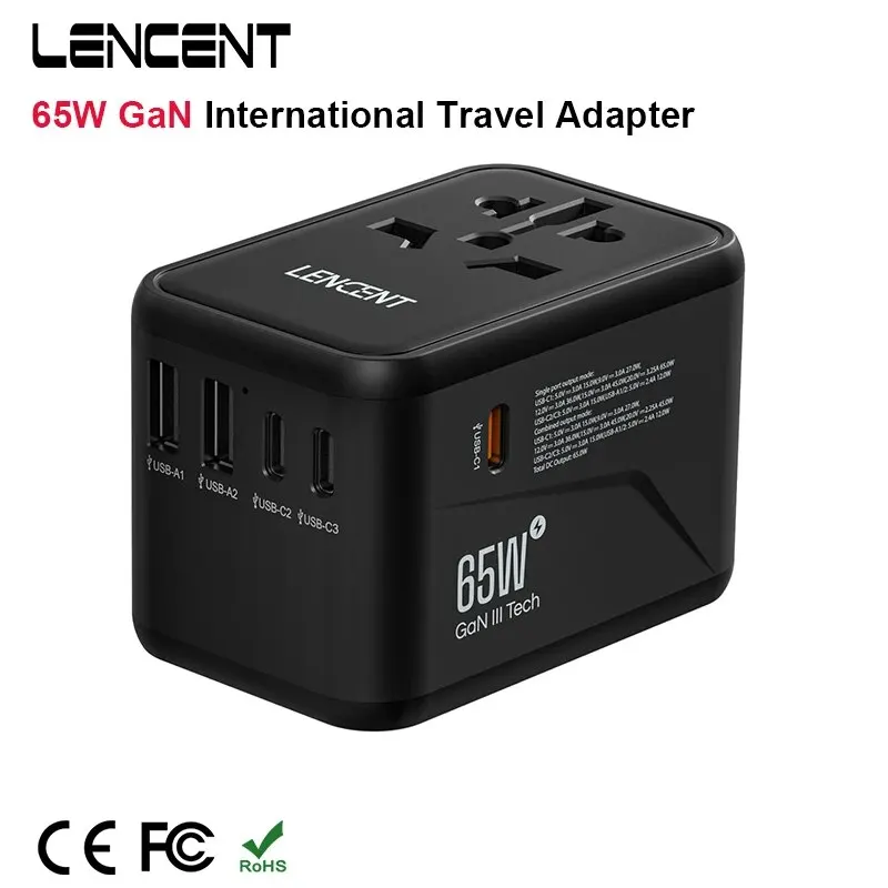 LENCENT GaN 고속 충전 어댑터, 여행용 어댑터, 유럽, 호주, 미국, 영국 플러그, 2USB 3 타입 C, 65W, 100W 