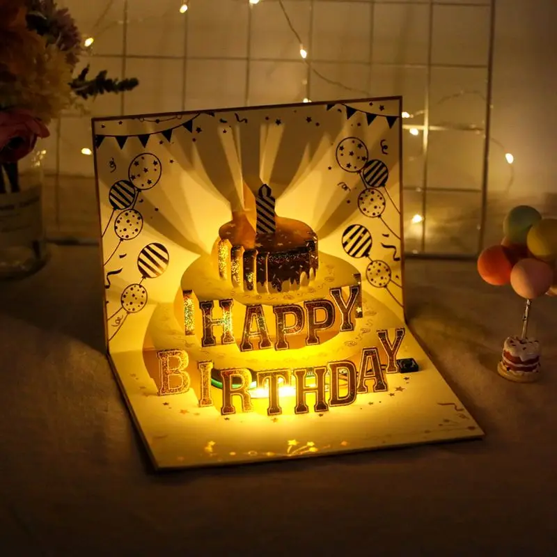3D Birthday Cake Greeting Card Recording Handmade Holiday Handwritten Blessing Card Giving Boys Birthday Gifts