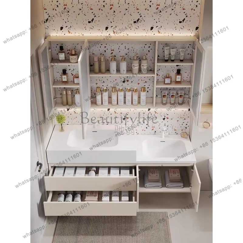 LDLuxury Skin Bathroom Cabinet Intelligent Solid Wood Vanity Combination High and Low Washbasin Sink Double Basin