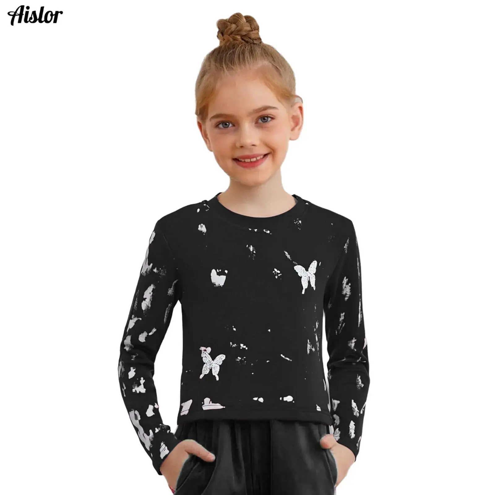 

Kids Girls Shirt Spring Fall Round Neck Long Sleeve Rhinestone Butterfly Printed T-shirt Hip-Hop Jazz Dance Performance Costume