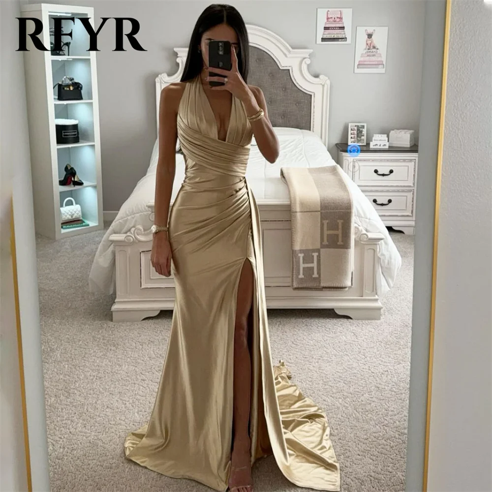 RFYR Champagne Trumpet Prom Dress Halter Sleeveless Evening Dress with Pleats Satin Party Dress Sexy Side Split Robe De Soirée