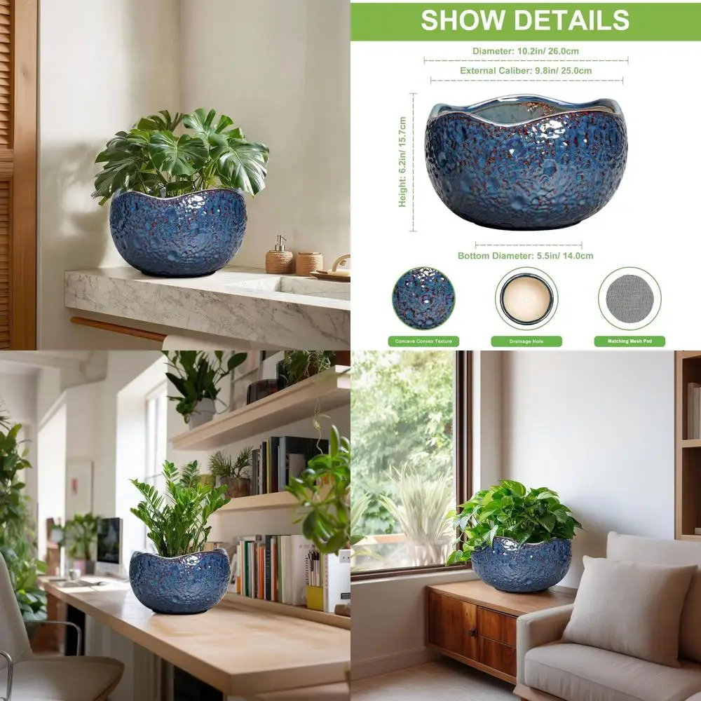 

Круглый горшок для бонсай 10 дюймов с дренажем, уличный декоративный кашпо, ретро-синий, для домашнего декора, подарок