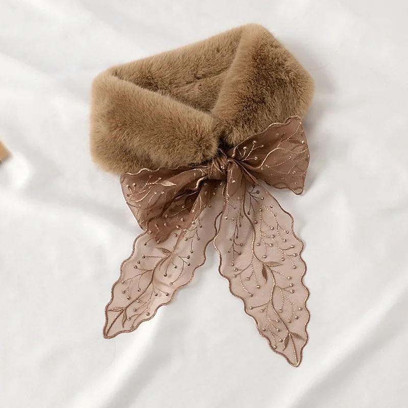 

Women Winter Lace Embroidery Ribbon Scarf Keep Warm Sofr Fuzzy Thicken Fashion Elegant Imitation Rabbit Fur Cute Lovely Sweety