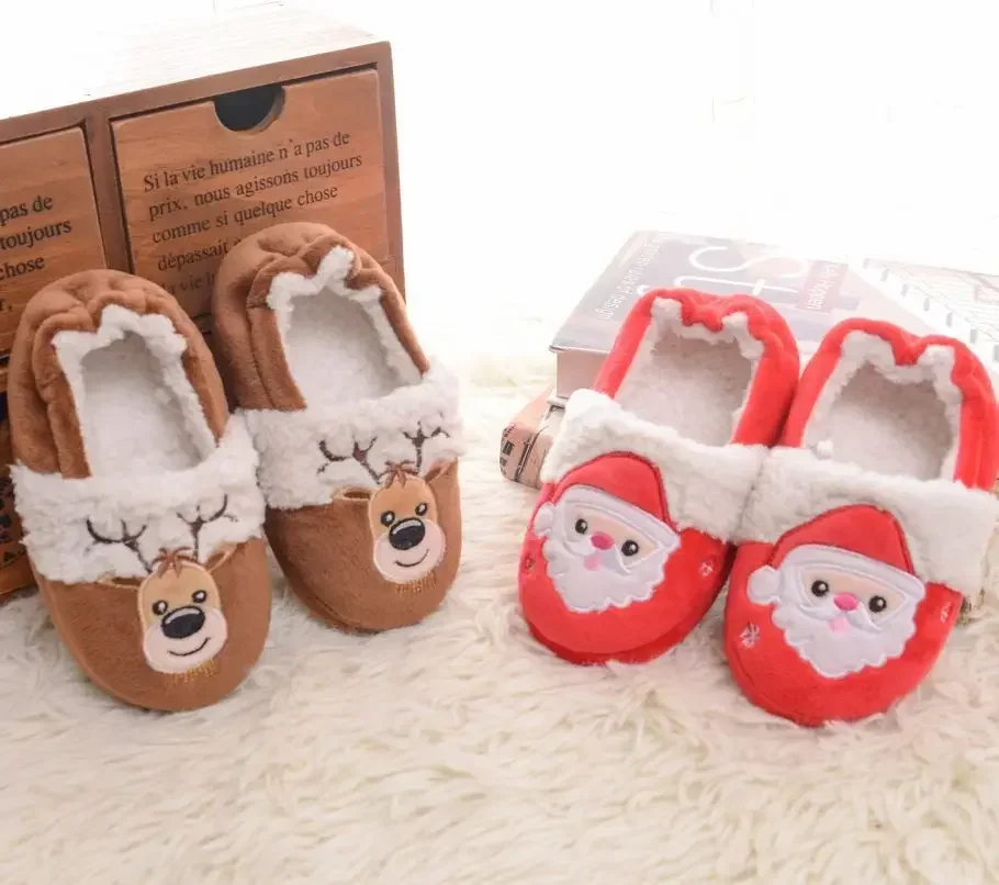 Toddler Children Winter Flock Cute Shoes Infant Kids Baby Warm Thick Shoes Boys Girls Cartoon Christmas Casual Slippers