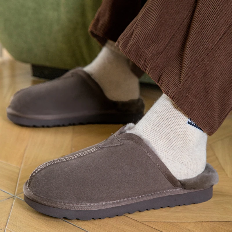Fuzzy Slip On Snow Mules Winter Home Mens Half Slippers Indoor Suede Leather Male Flats Casual Fleece Lined Open-back Loafers