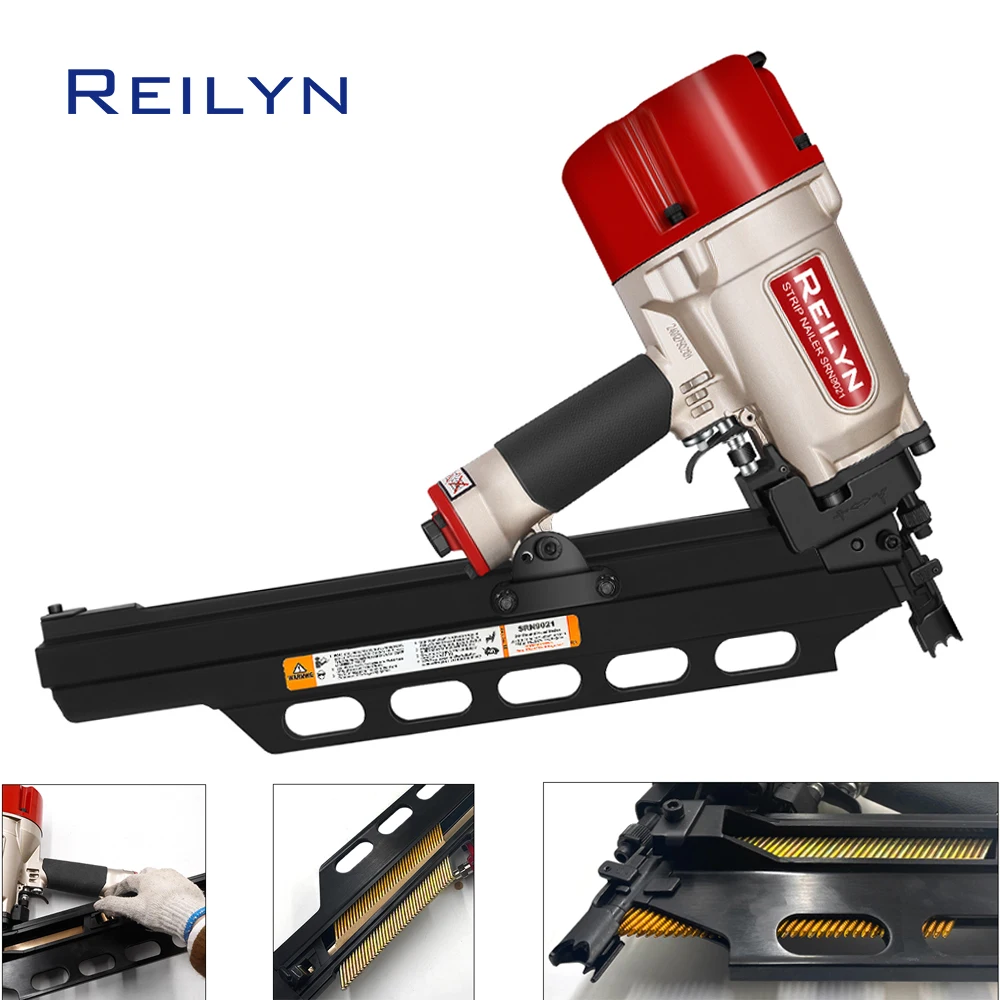 

REILYN 21° Pneumatic Brad Strip Nailer Professional Round Head Pneumatic Nail Gun for Wood Pallet Flooring Roof Air Nailer