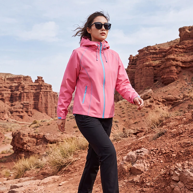 Women Loose Hooded Windbreaker Jackets Single‑Layer Waterproof Windproof Coat Contrast Stitching Hiking Daily Casual Outerwear