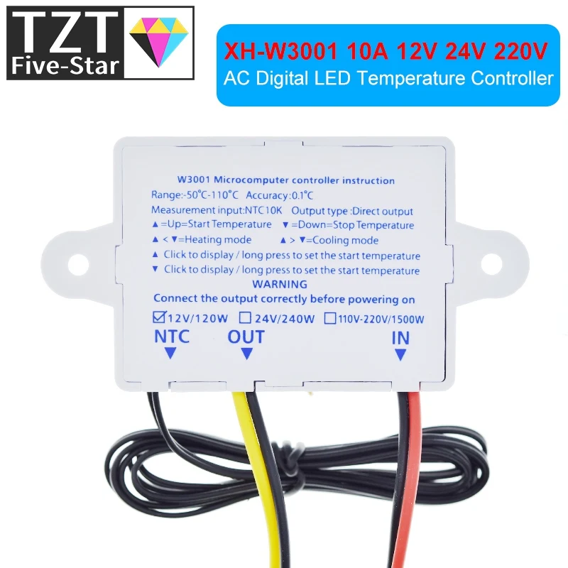 TZT 10A 12V 24V 220VAC Digital LED Temperature Controller XH-W3001 for Arduino Cooling Heating Switch Thermostat NTC Sensor