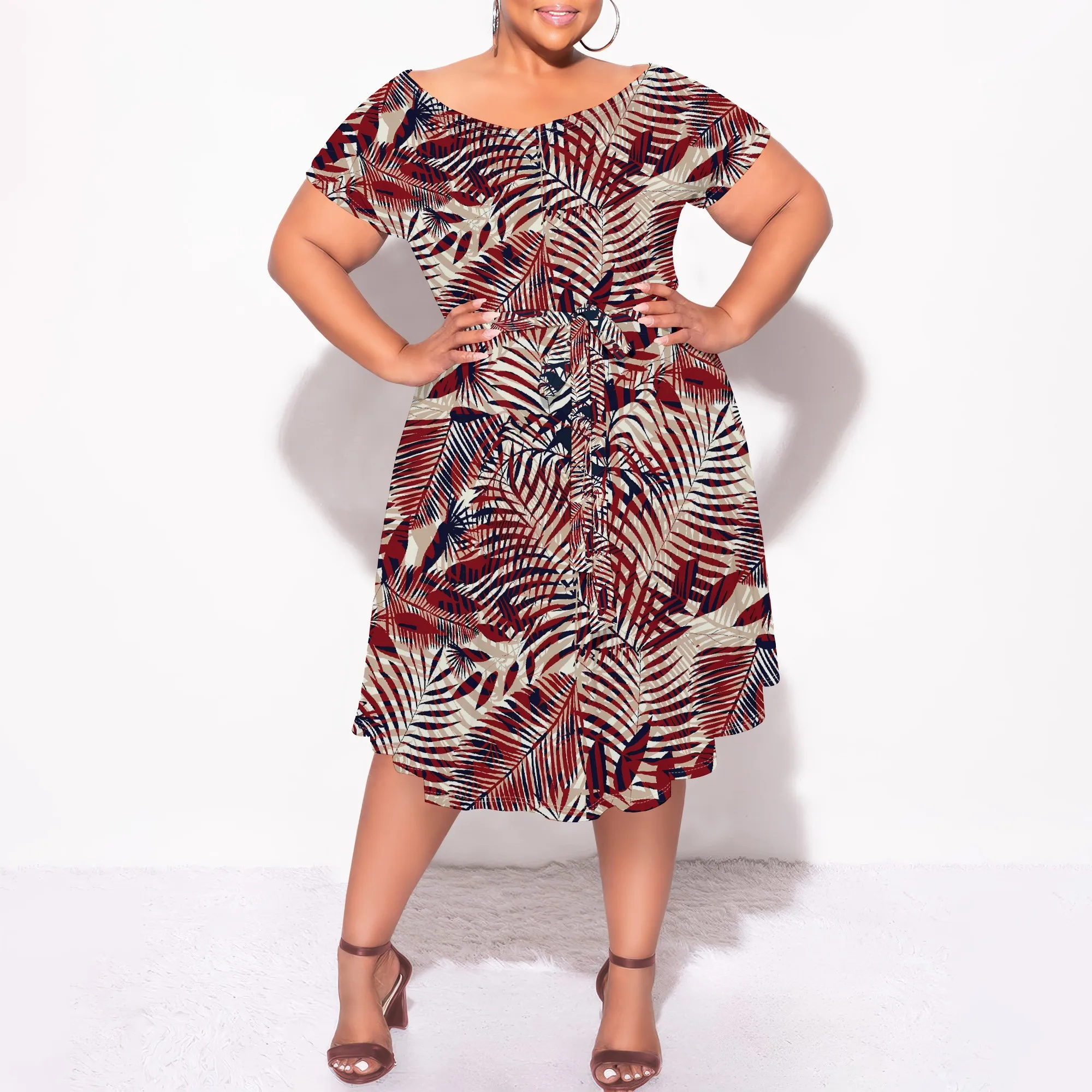 

Nupusa Palm Leaf Print Dress for Women Plus Size Summer Casual Off - Shoulder Short Sleeve Dress