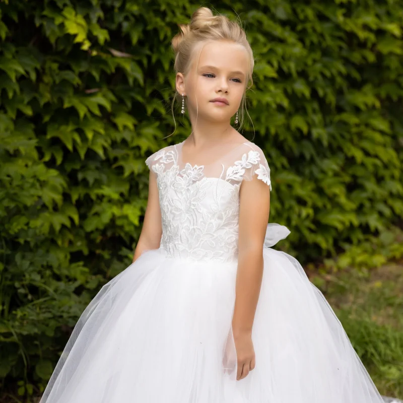 Vestidos blancos de flores para niña, apliques de tul con lazo y cola sin mangas para boda, fiesta de cumpleaños, vestidos de comunión