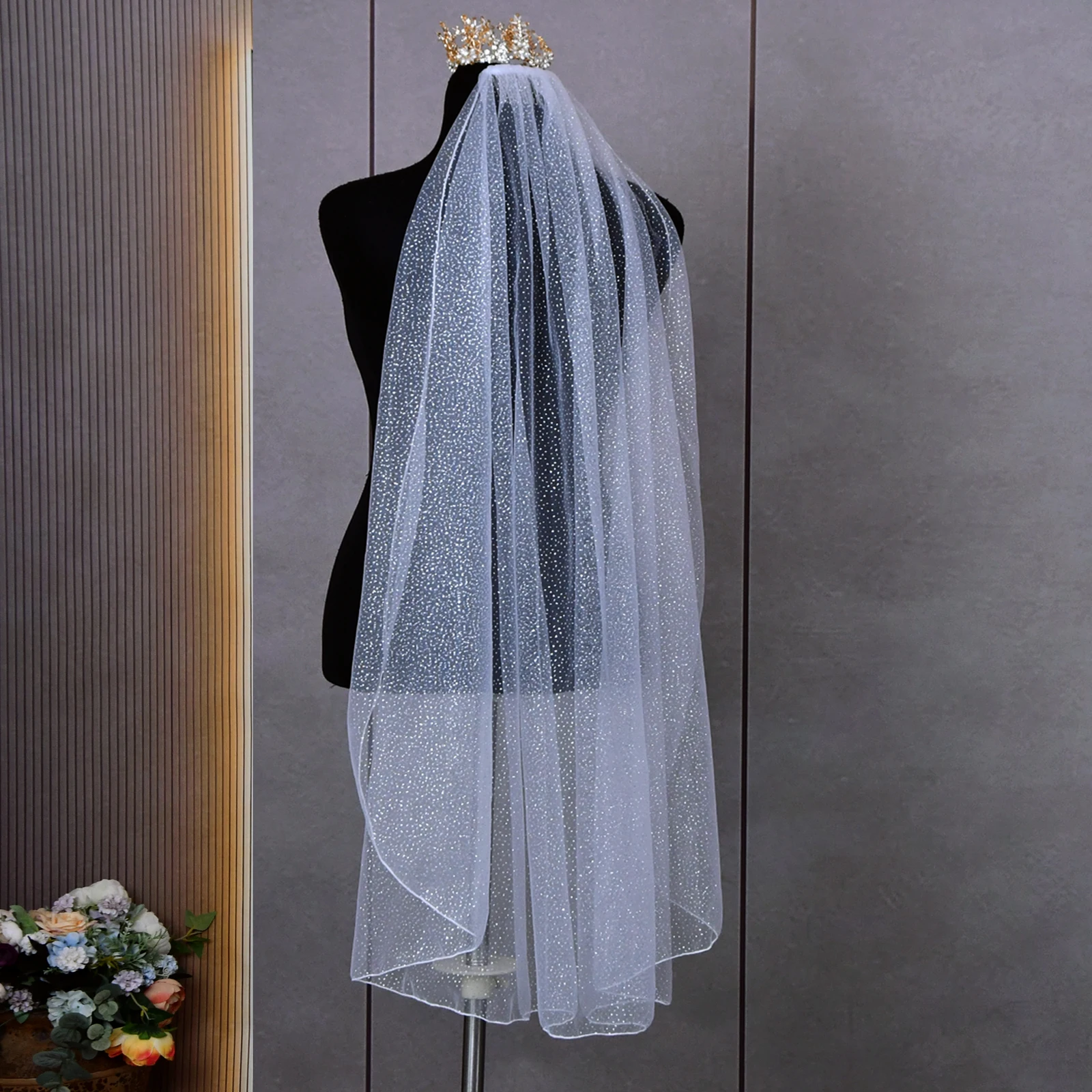 V100 Sparking Wedding Veil Short Bridal Veils 1 Tier Pencil Edge Soft Tulle Champagne Wedding Accessories for Bride