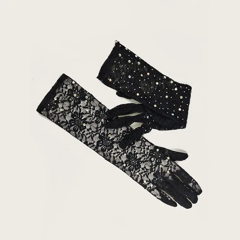 Lace Gloves Fashion Breathable Thin Gloves Black Simple Sunscreen Flash Drill Gloves Riding Driving Printing Gloves C026