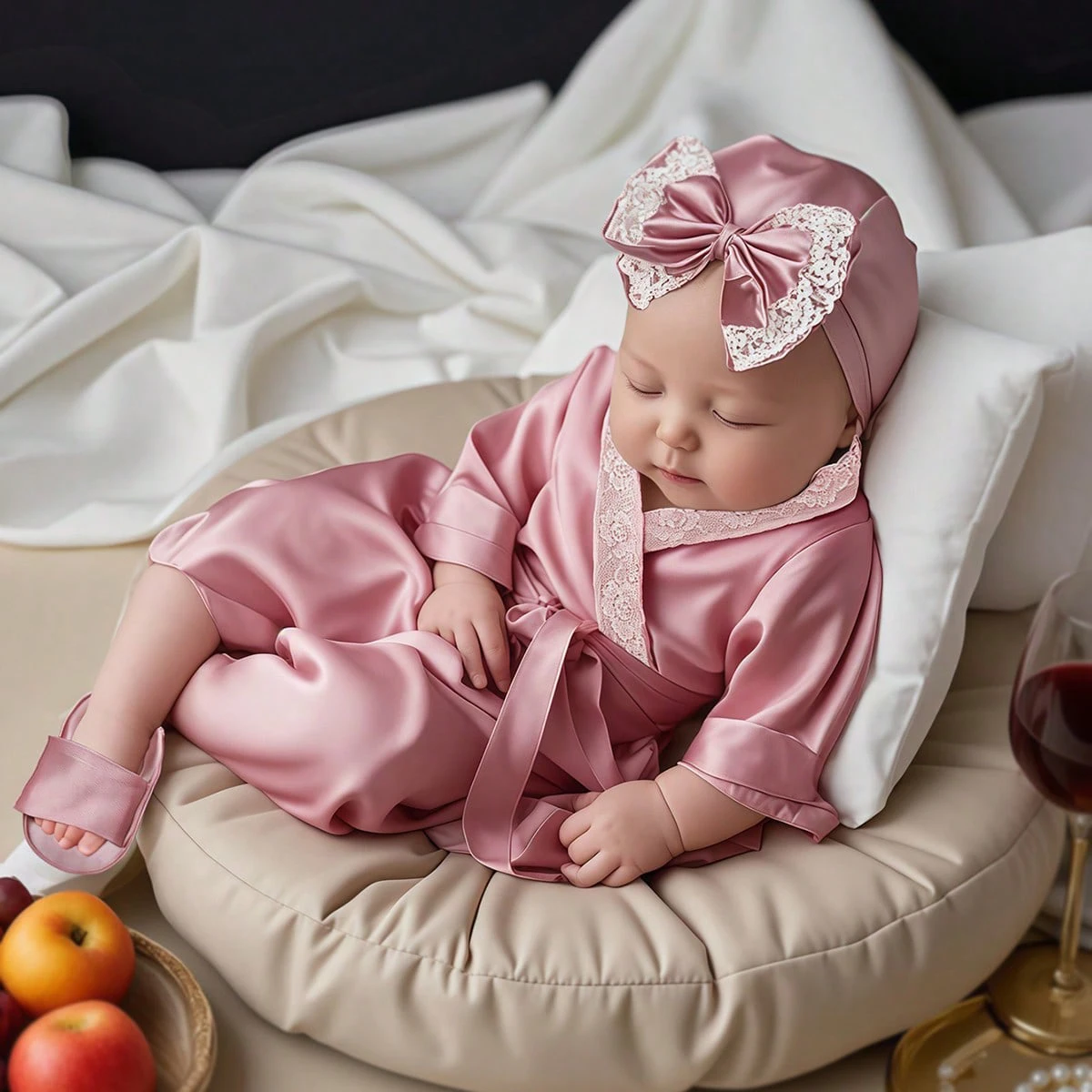 Ylsteed Conjunto de trajes de fotografía para recién nacidos, albornoz de encaje para niña de 1 mes y 100 días con turbante con lazo, sombrero y zapatillas, accesorios para fotos