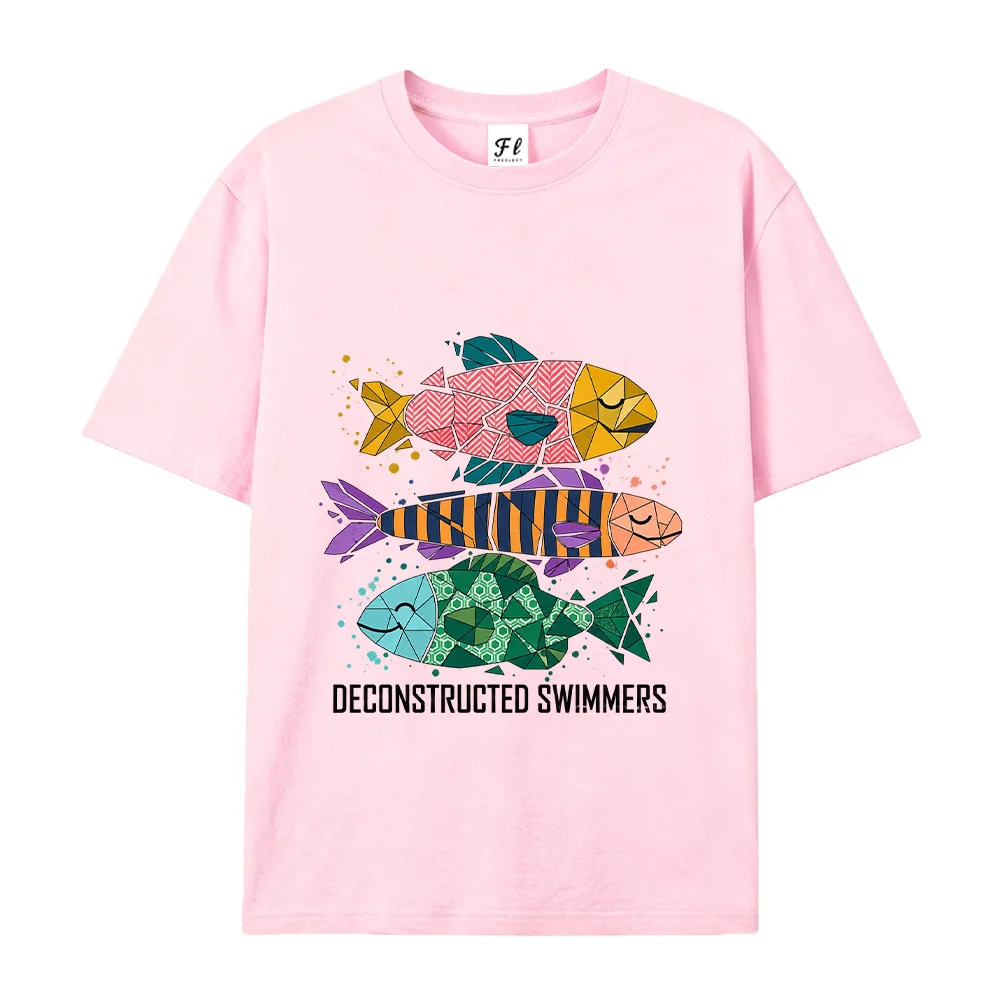 Unisex T Shirt Abstract Patchwork Fish Graphic Deconstructed Swimmers Retro Summer White Short Sleeve Loose Cotton Tops