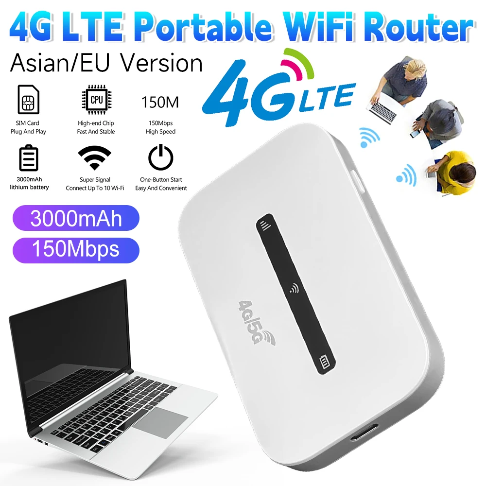 เราเตอร์ไวไฟมือถือ 4G LTE รองรับผู้ใช้ 8 ถึง 10 คน ความเร็ว 150Mbps ฮอตสปอตไวไฟพกพาพร้อมช่องใส่ซิมการ์ด โมเด็มเราเตอร์สำหรับการเดินทางด้วยรถยนต์