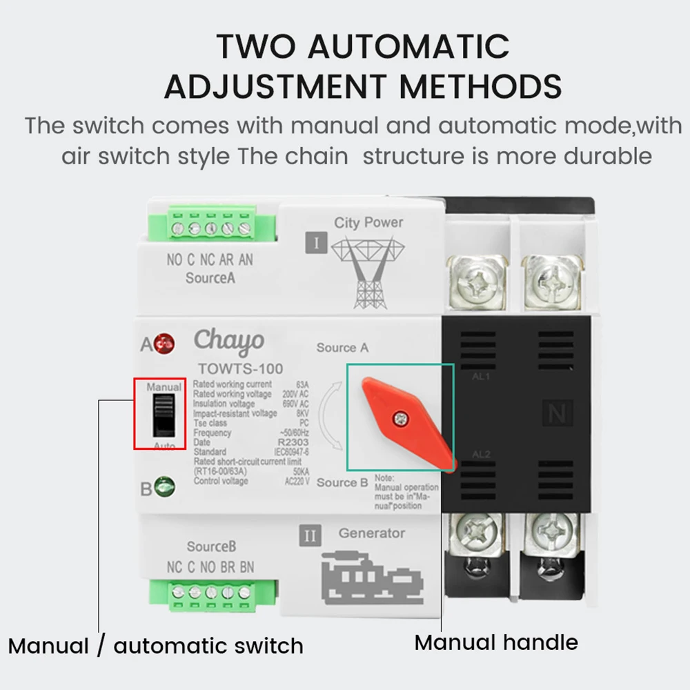Din Rail 2P 3P 4P ATS Dual Power Automatic Transfer Switch Electrical Selector Switches Uninterrupted Power 63A 100A TONGOU Mini