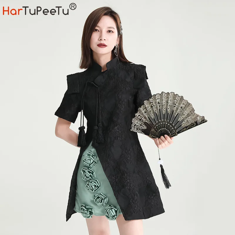 

Gothic Black Qipao Women 2022 High Waist Dress Mini Summer Vestido Mujer Slim Fit Lace Patchwork 3D Foral Decorate Streetwear