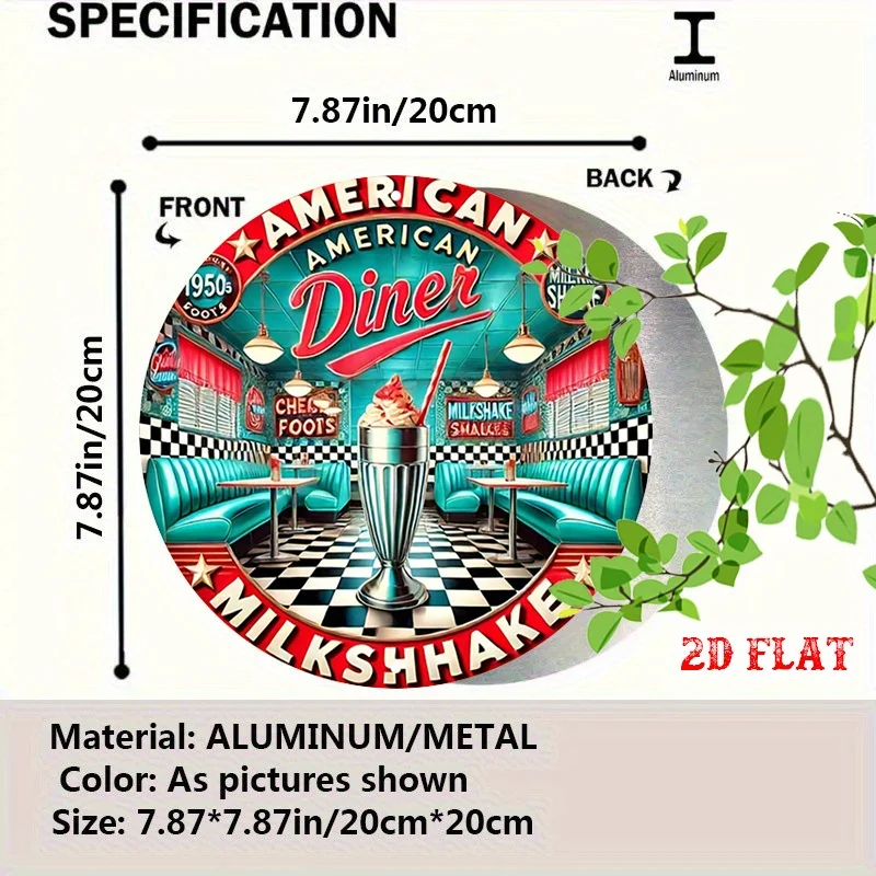 2D Flat, 1pc Vintage 1950s American Diner Milkshake Art Round Aluminum Sign - Rustic Metal Wall Decor with Cheerful Waitress & W