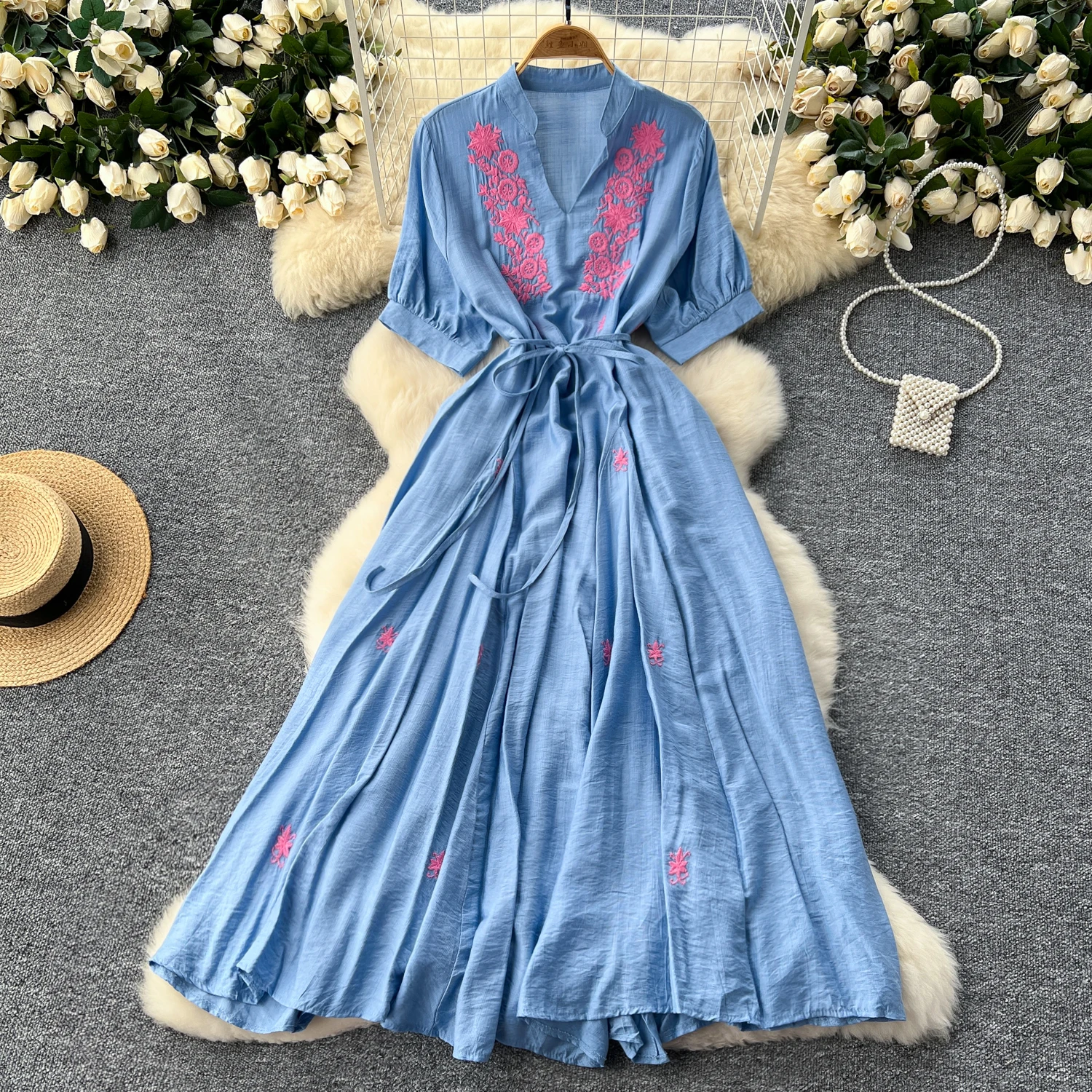 Retro embroidery v neck Dress puff Sleeve loose Beach Vacation Women Korean Fashion Summer Vestidos dresses