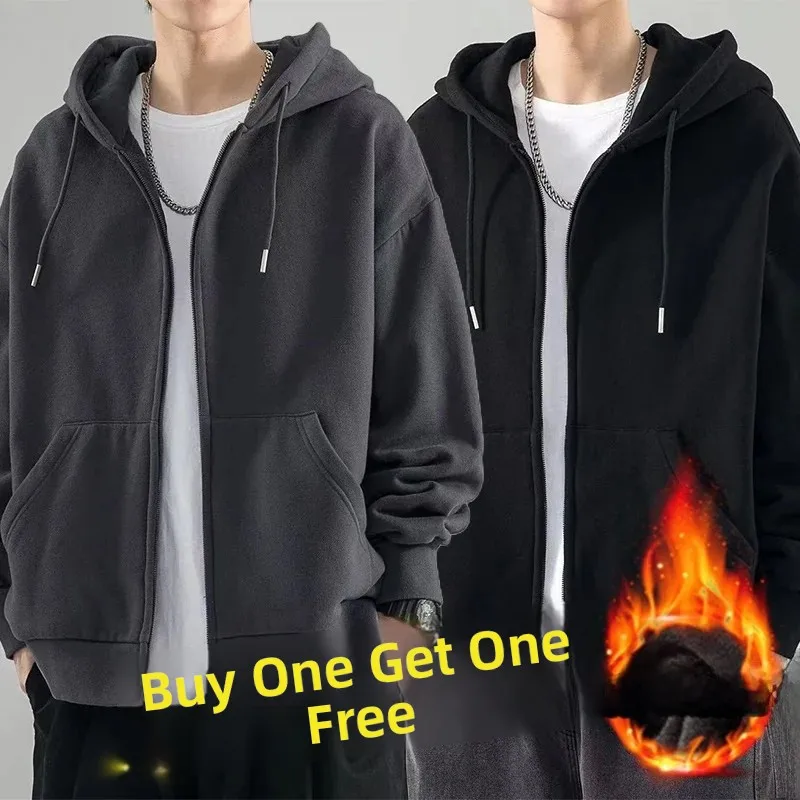 Thickened Fleece Hooded Zipper Men's Jacket for Working Wear Casual Style Polyester Fabric Large Size Garment