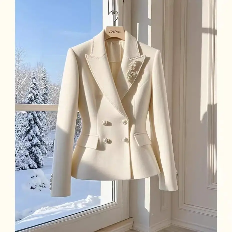 여성용 가을 블레이저, 양모 격자 무늬 정장 코트, PU 가죽 스플라이스 라펠 짧은 재킷, 여성 의류, 2023 년 신제품