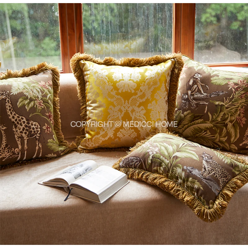 Medicci Home Persian Classic Damask Floral Jacquard Lumbar Pillow Cover Luxe Silk Satin Fringed Cushion Case 30X50 Bright Yellow