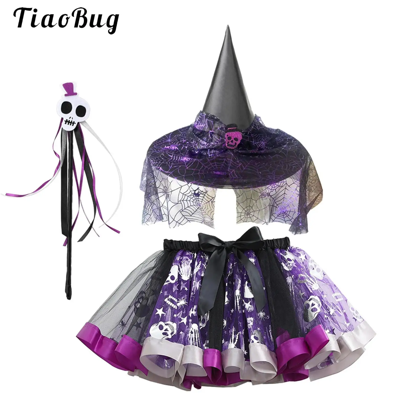 

Girls Halloween Witch Tutu Skirt Outfits Little Princess Skull Spider Print Mesh Tulle Ballet Pettiskirts+Witch Hat+Magic Stick