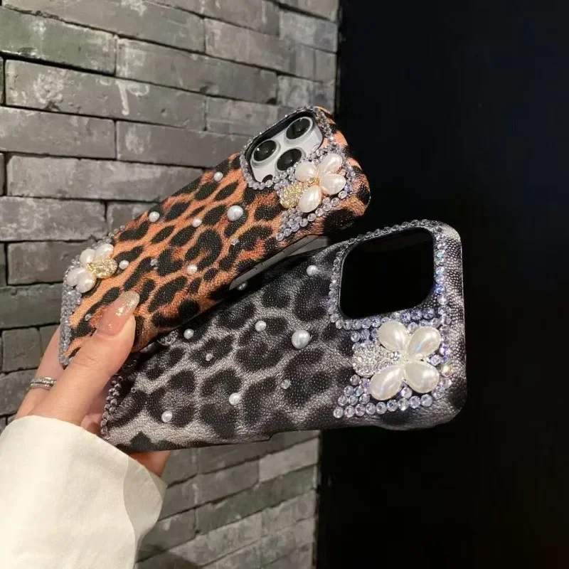 جديد آيفون 16pro جراب هاتف 15plus ليوبارد 14pro زهرة على شكل حجر الراين 13 12 مكافحة قطرة 11 XR ملابس جلدية الغطاء الواقي #3