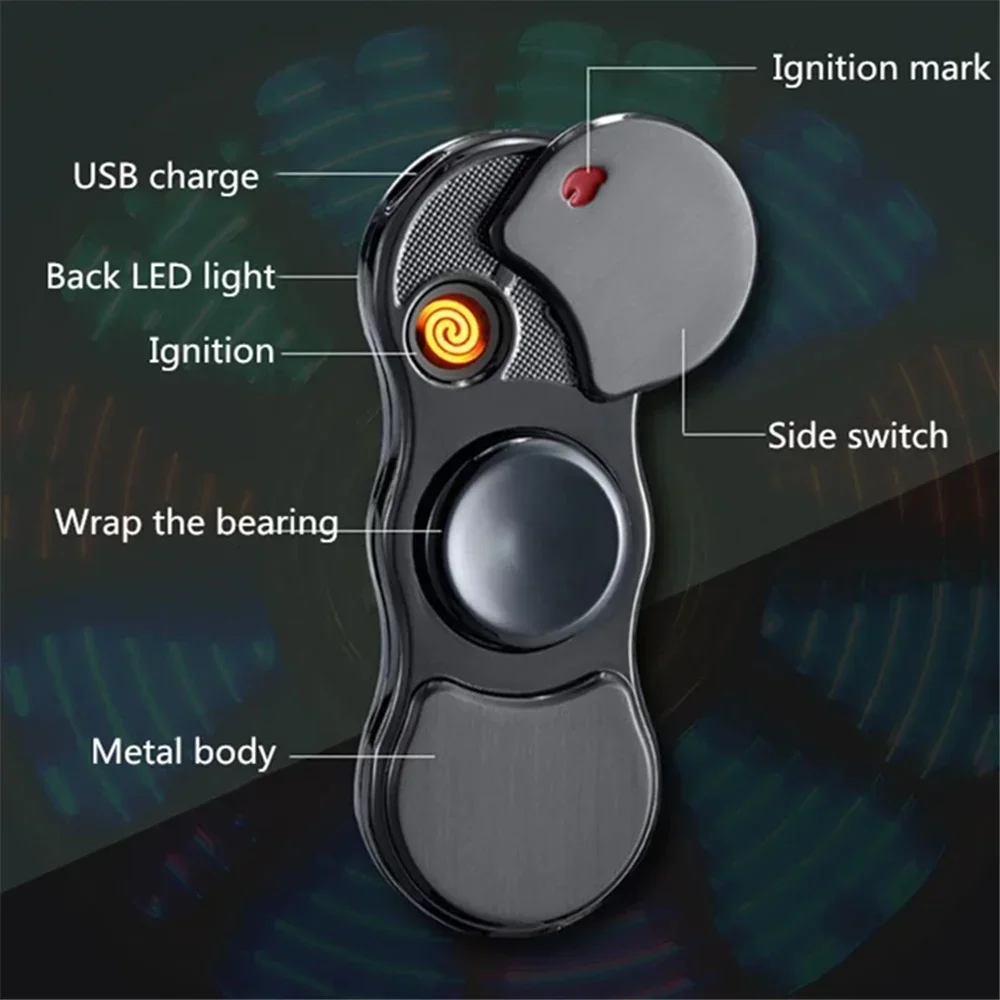 Hand Spinner USB Electric Lighter  LED Strips Finger Spinner Plasma Arc Lighters Metal Windproof Tungsten Turbo Pulsed Lighter view 4
