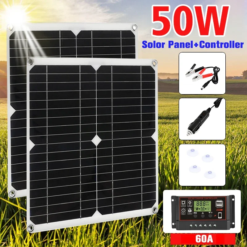 50W Solar Panel 60A Controller Kit 18V USB Power Energy For Phone RV Car Caravan Home Camping Outdoor Battery Battery Charger