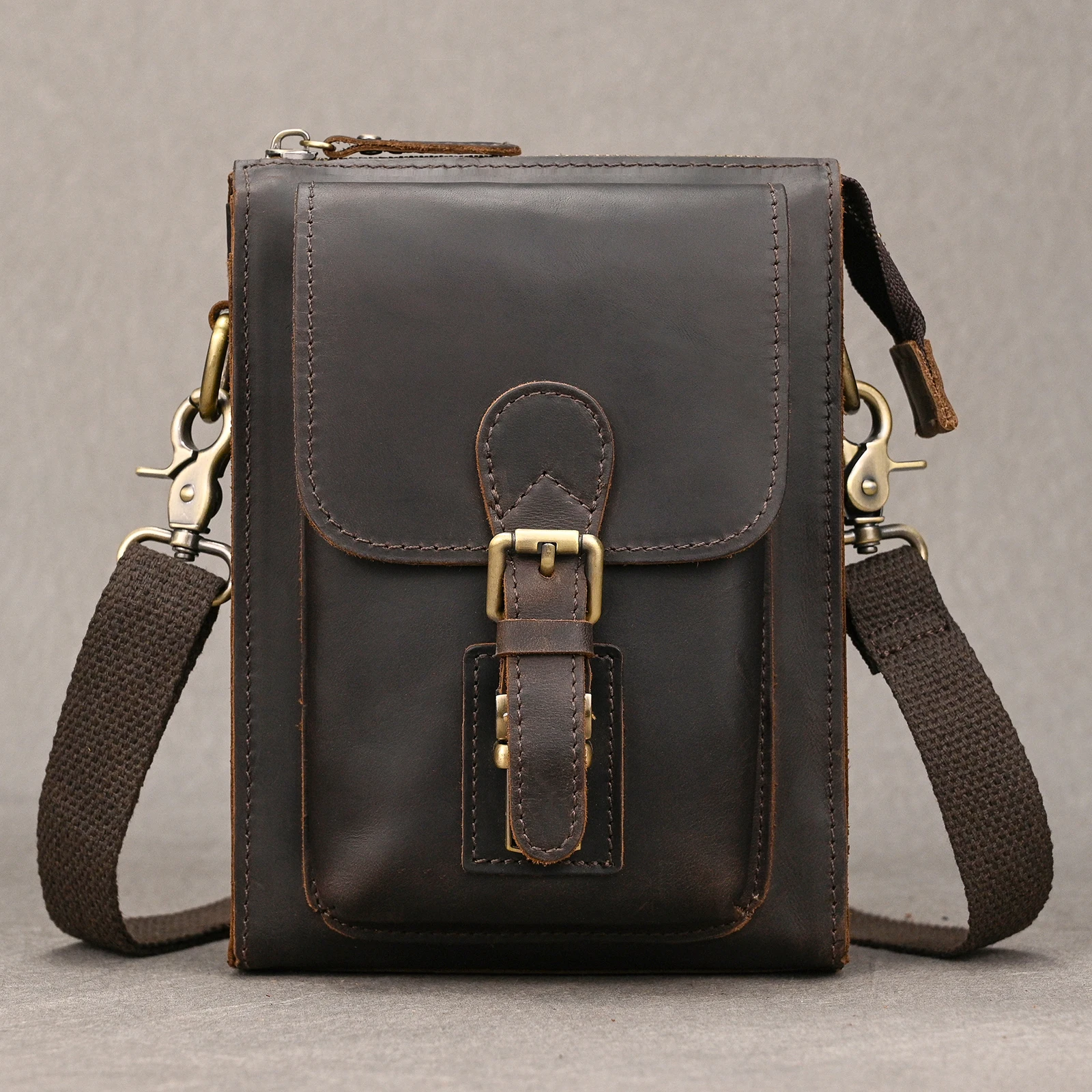 

2 Use Genuine Leather Men's Shoulder Bag Vintage Cowhide Zipper Pockets Multifunctional Messenger Bag Waist Bag On Belt Pouch
