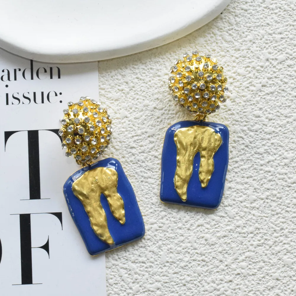 New Metal Blue Enamel Drop Dangle Earrings For Women Fashion Jewelry Vintage Ladys\' Statement Earrings Accessories