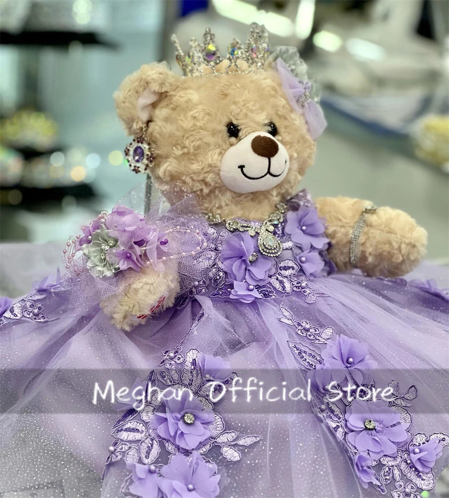 Luxe Paarse Speciale Link Lieverd Gepersonaliseerde Quinceanera Teddybeer Jurken Cape Kralen 3D Bloemen Mini Aangepast