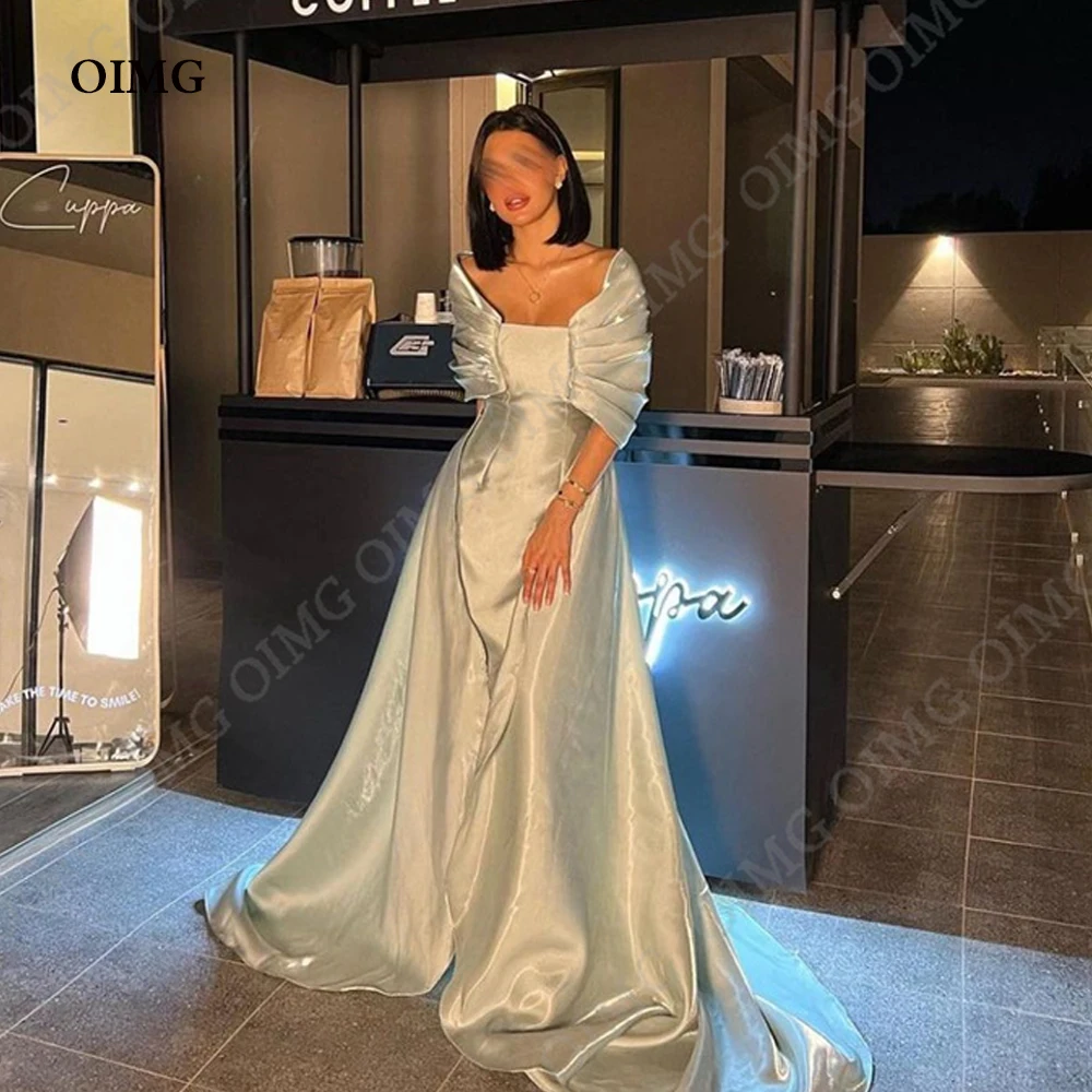 OIMG A Line Evening Dresses Satin Off Shoulder Bow Train Prom Gowns Custom Gogerous Prom Dresses Dubai 2023 For Women